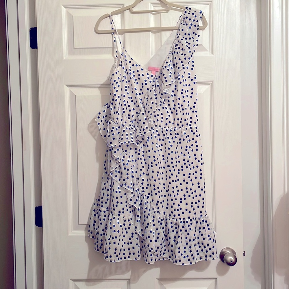 Lilly Pulitzer Madelina Ruffle Dress in Bennett Blue and White Polka Dots